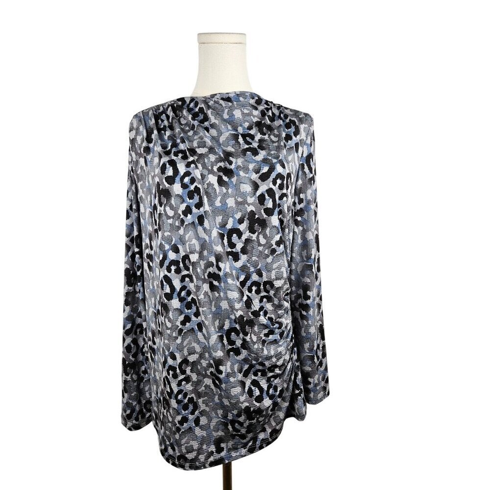 Clara Sun Woo Blue Gray‎ Leopard Print Draped Neck, Side Ruched Knit Top Large